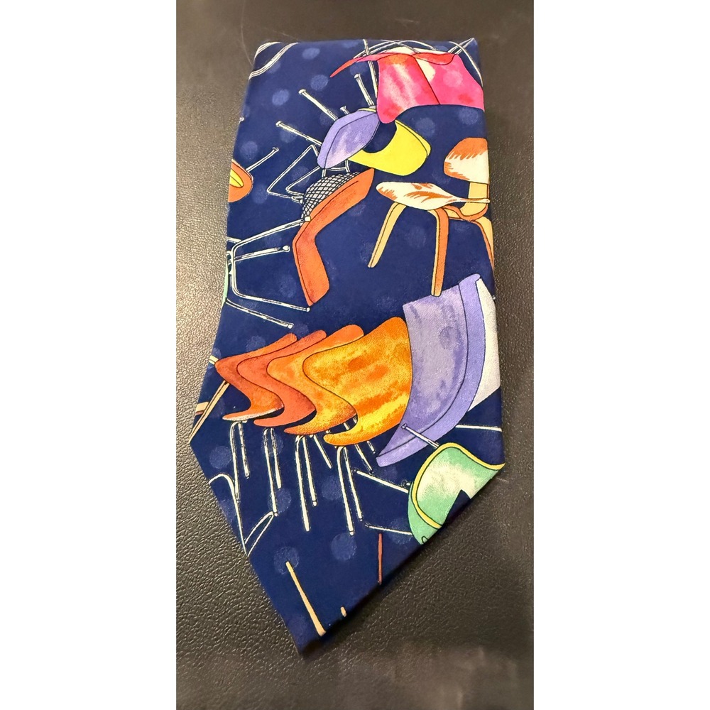 Nicole Miller Mens Necktie Blue Vintage 1991 MCM‎ Chairs Silk Hand Sewn Novelty